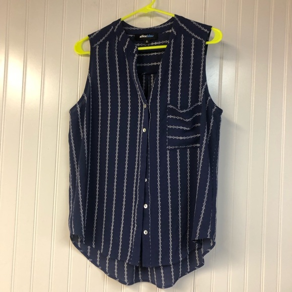 Alice Blue Navy and White Striped Sleeveless Button Front Blouse Large - Picture 1 of 4